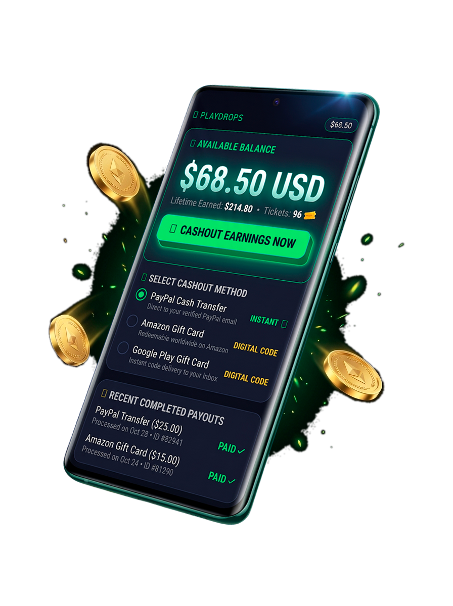 PlayDrops App 3D Mockup - Real-time $25.00 cash drop pot, countdown timer, and instant reward balance
